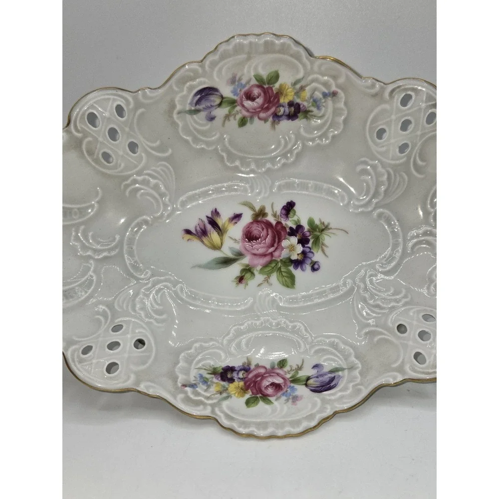 Dresden Porcelain Reticulated Floral Centerpiece Bowl Footed White Gold Western